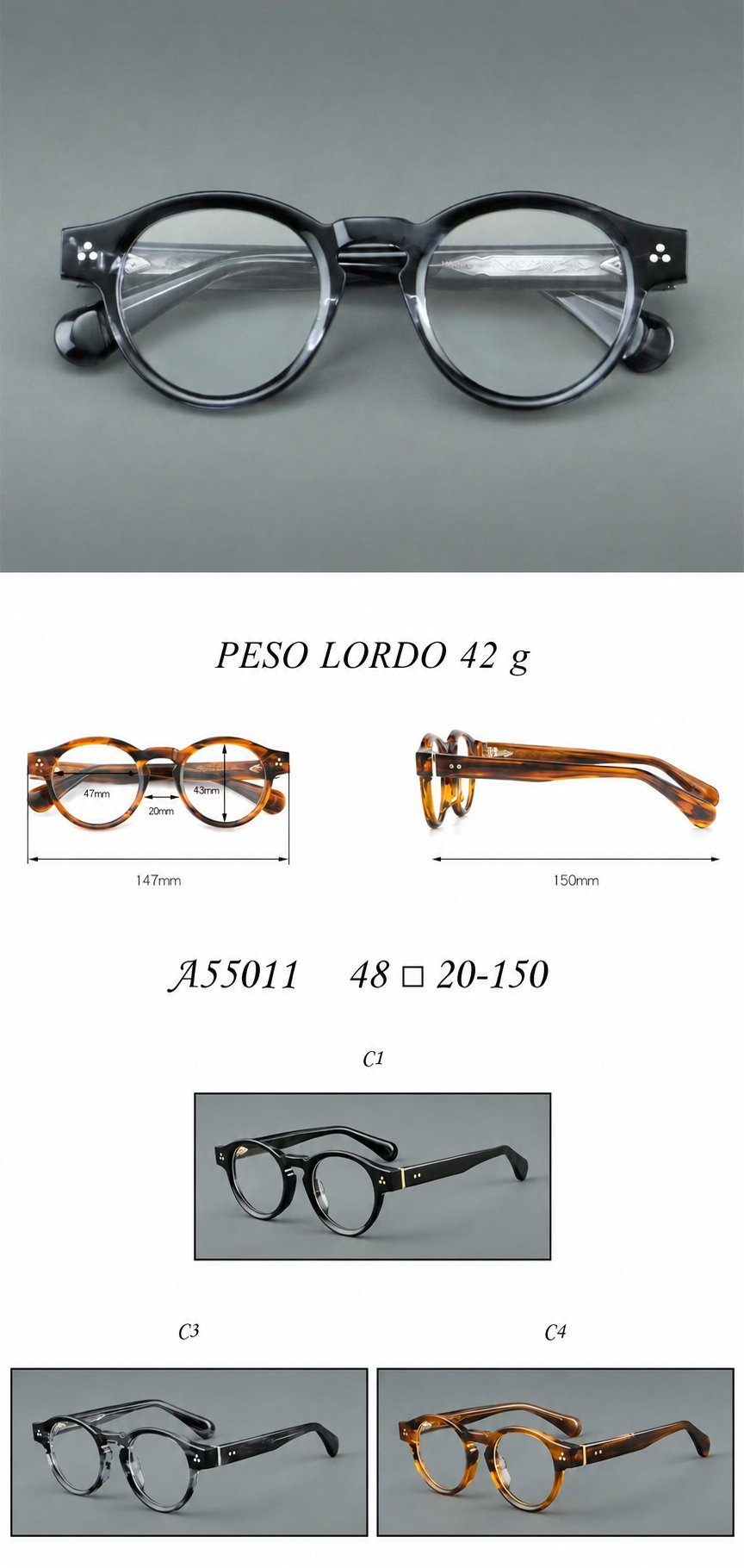 Montatura rotonda vintage in acetato con ponte a chiave e aste larghe — dettaglio 7