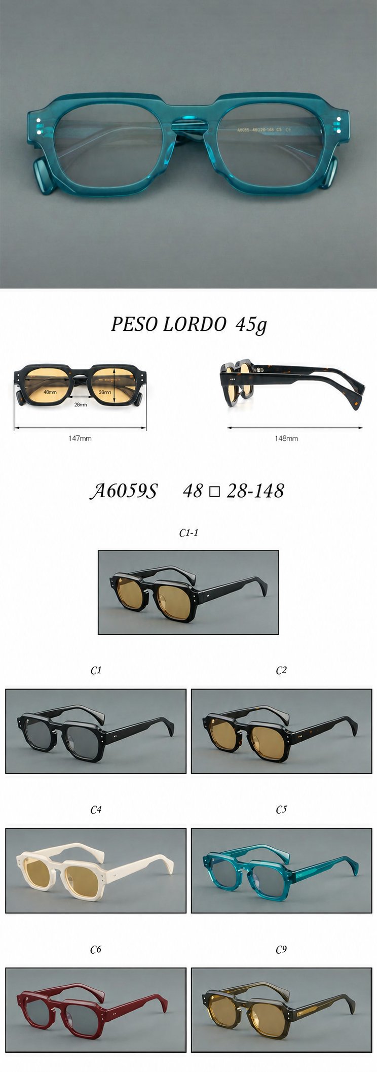 Montatura quadrata vintage in acetato con cerchi marcati e lenti in più colori — dettaglio 18