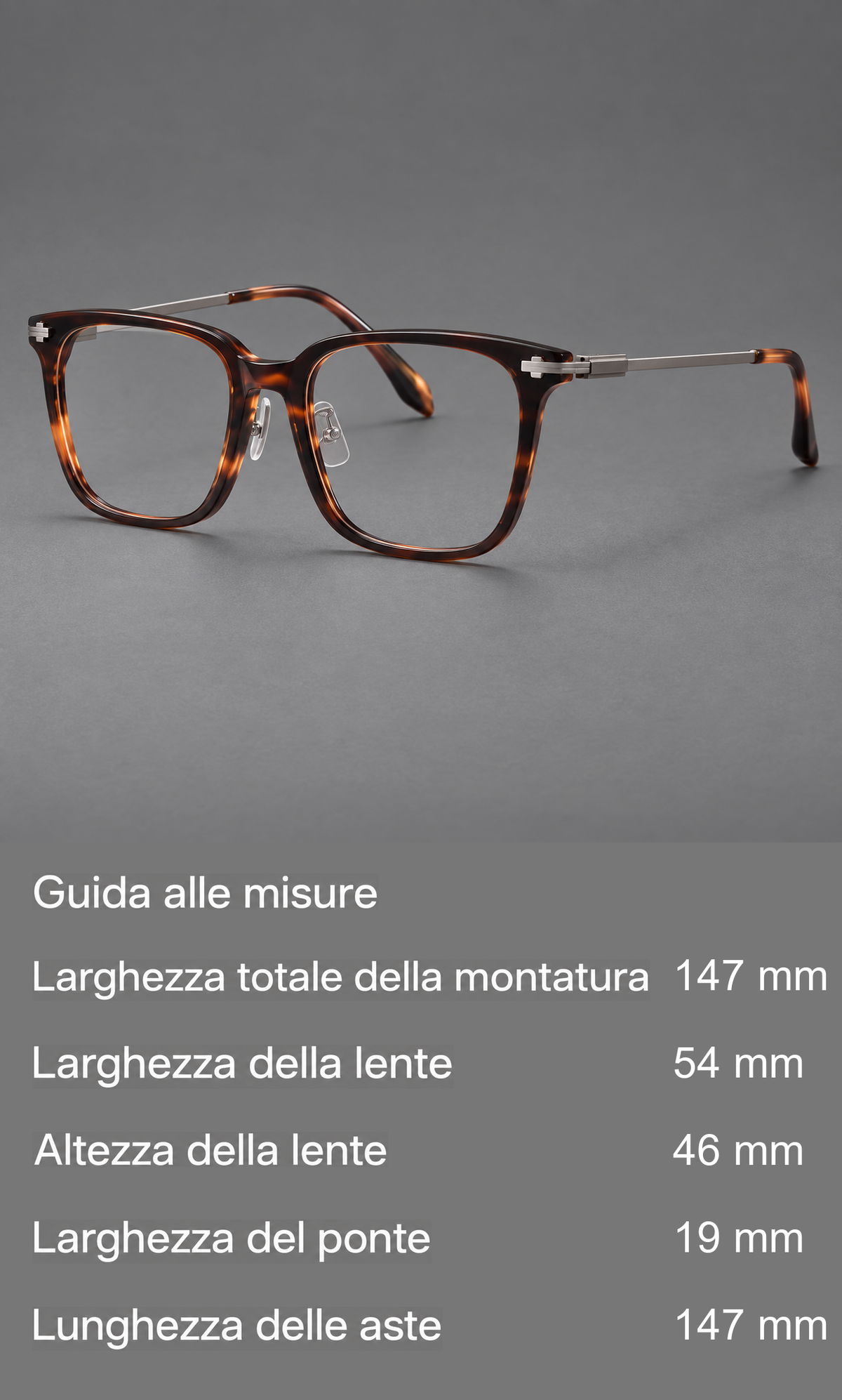 Montatura classica in acetato e titanio con bordi quadrati ampi e aste lavorate — guida alle misure