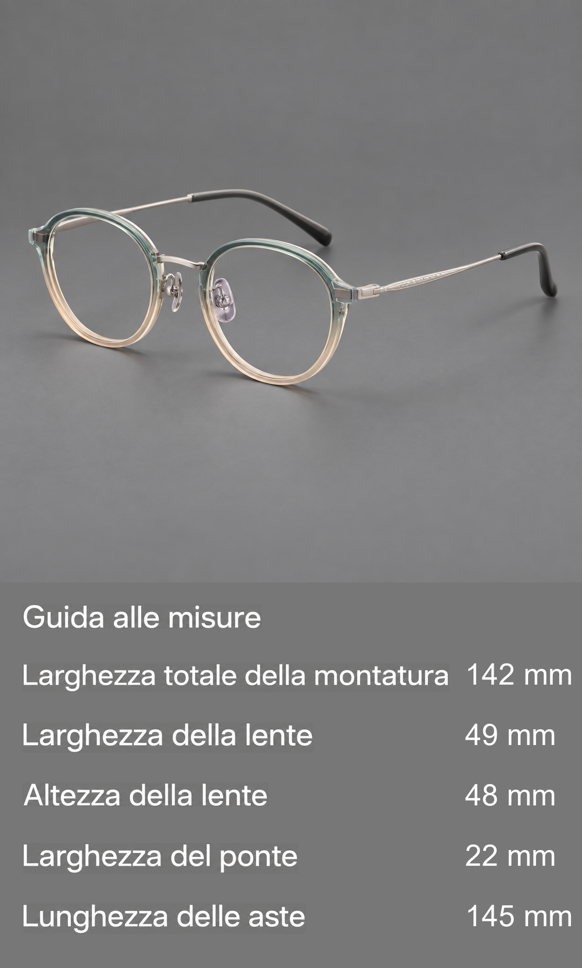 Montatura dalle linee morbide in acetato e titanio con ponte arcuato e aste incise — guida alle misure