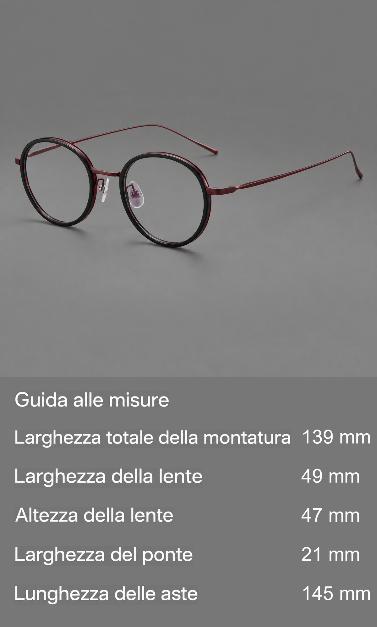 Montatura rotonda classica in acetato e titanio con aste in metallo lavorate — guida alle misure