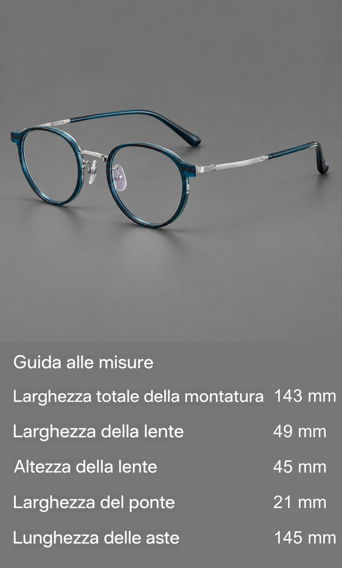 Montatura rotonda in acetato e titanio con angoli esterni ampi e aste sottili — guida alle misure