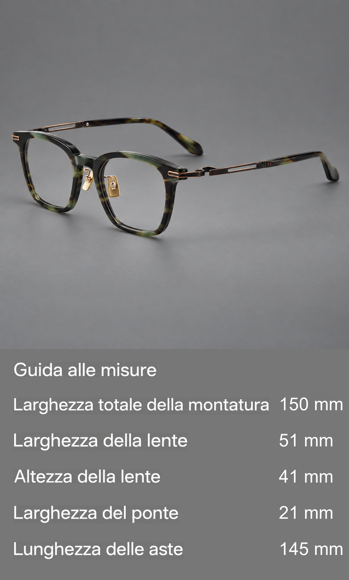 Montatura in acetato e titanio con bordi rettangolari arrotondati e giunti ad anello aperto — guida alle misure