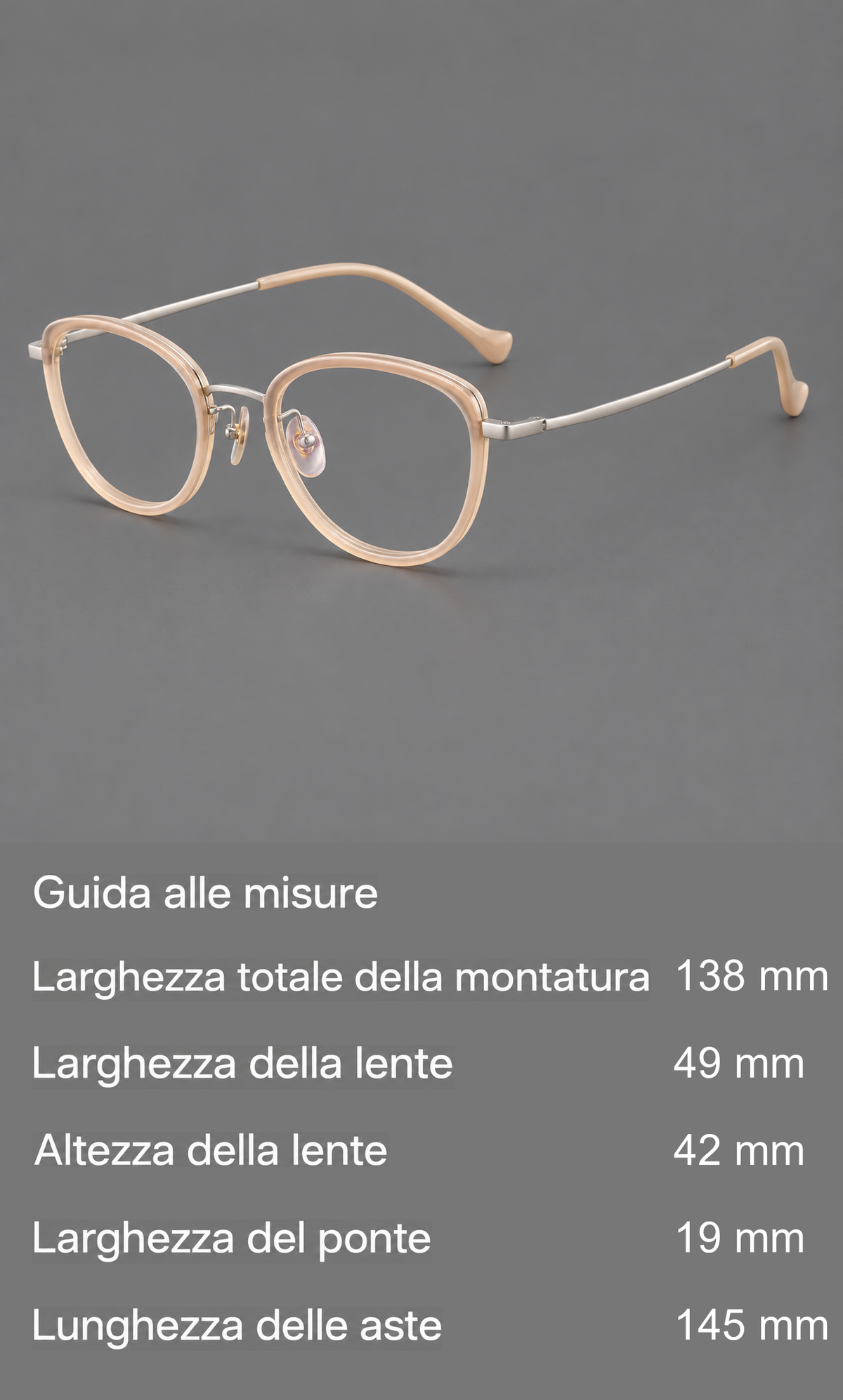 Montatura in acetato e titanio con angoli rialzati e aste in metallo affusolate — guida alle misure