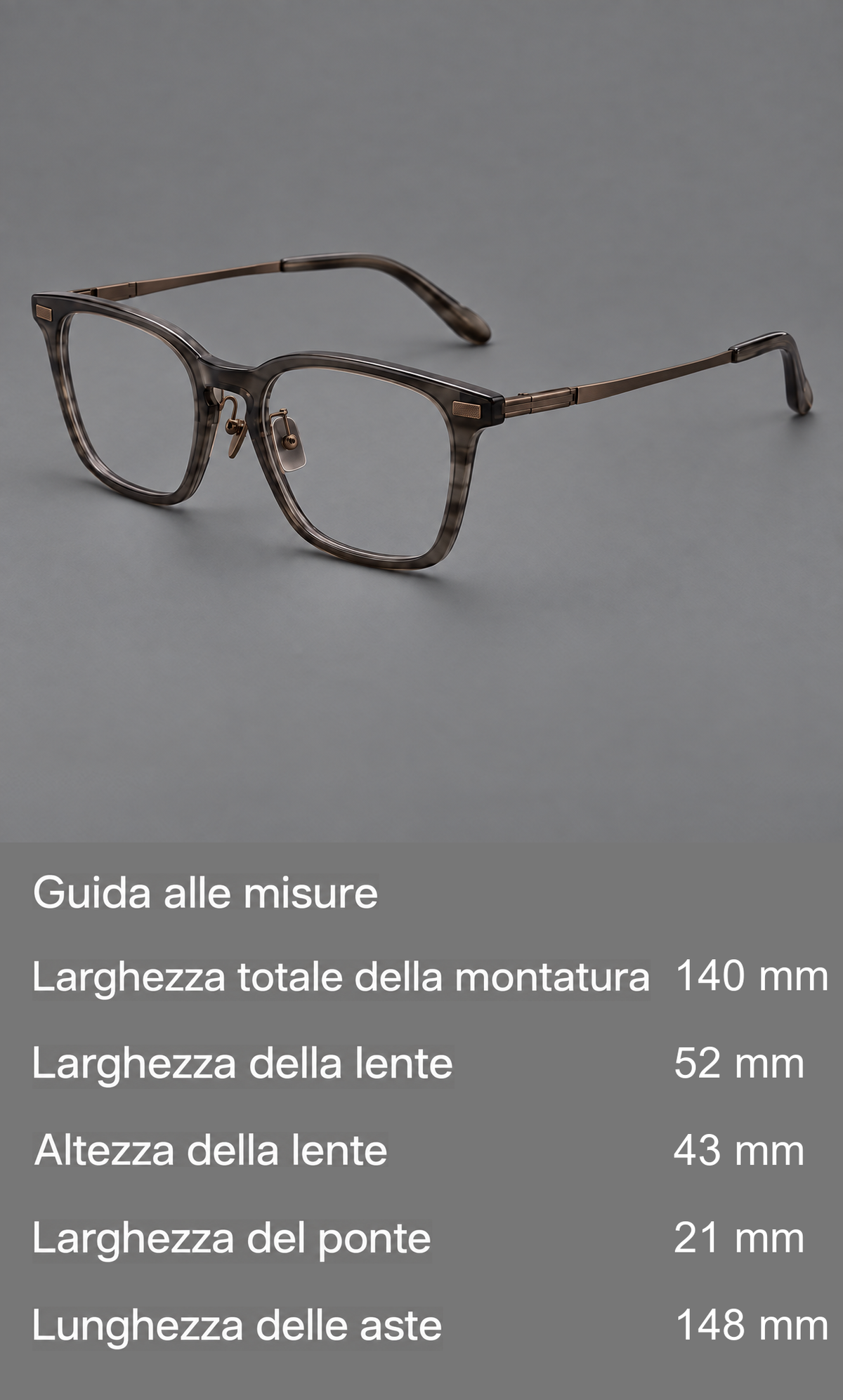 Montatura classica in acetato e titanio con bordi quadrati arrotondati e angoli lavorati — guida alle misure