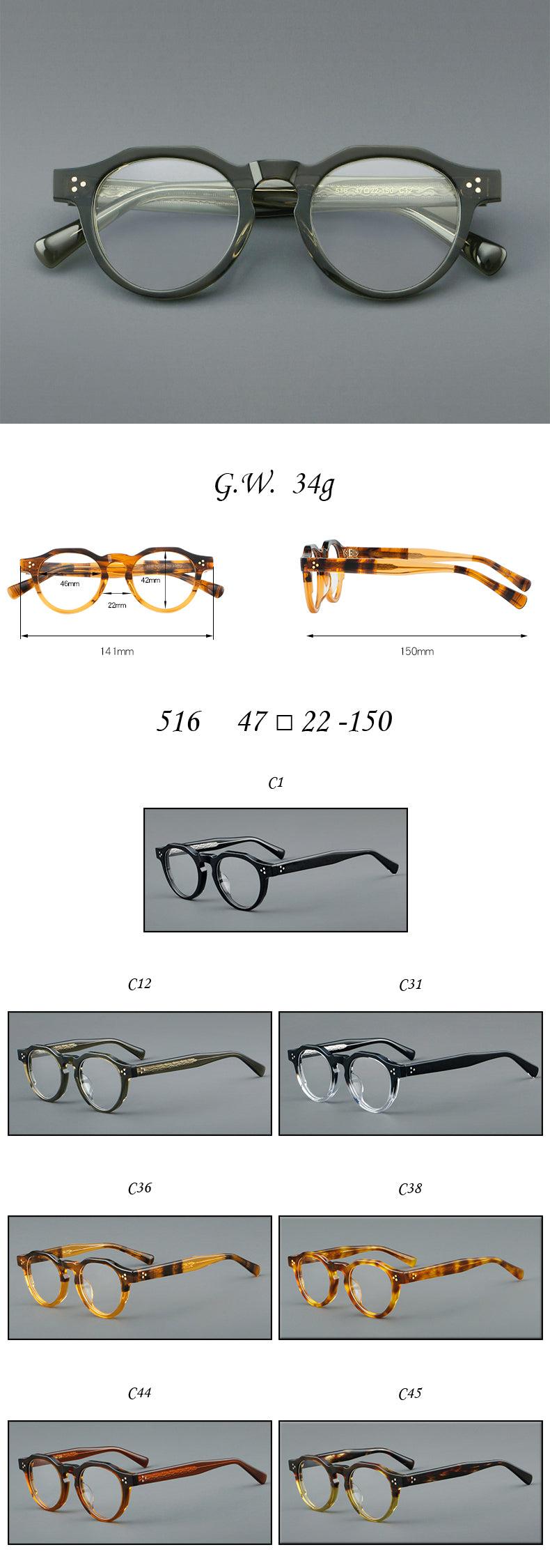 Montatura rotonda vintage in acetato con ponte a chiave e tripli rivetti — dettaglio 10