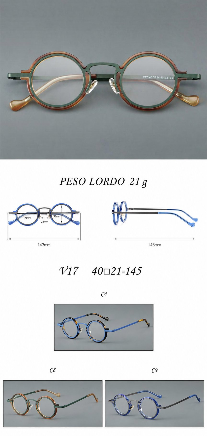 Montatura rotonda artigianale in acetato con cerchi a strati e ponte sagomato — dettaglio 14