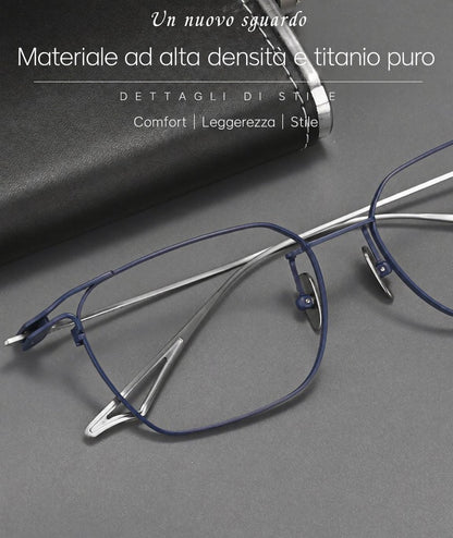 Montatura quadrata vintage in titanio con cerchi sottili e aste affusolate — dettaglio 11
