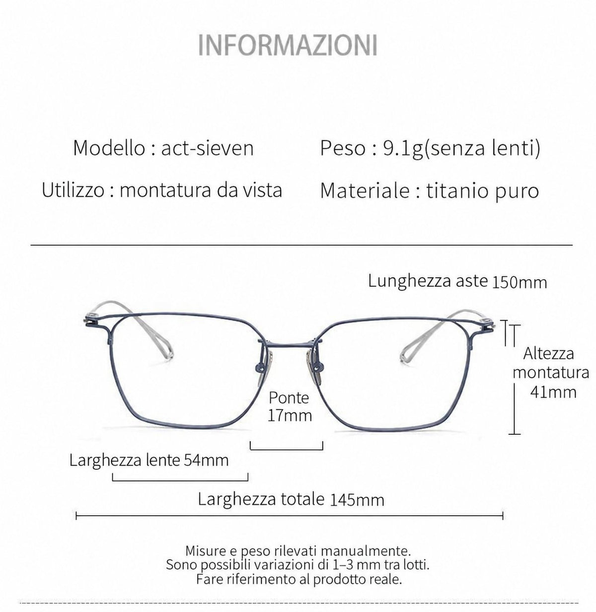 Montatura quadrata vintage in titanio con cerchi sottili e aste affusolate — dettaglio 3