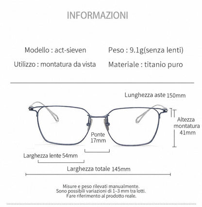 Montatura quadrata vintage in titanio con cerchi sottili e aste affusolate — dettaglio 3