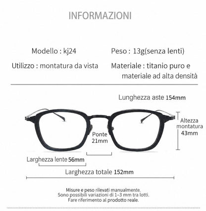 Montatura rettangolare in titanio con angoli arrotondati e aste sottili in metallo — dettaglio 3
