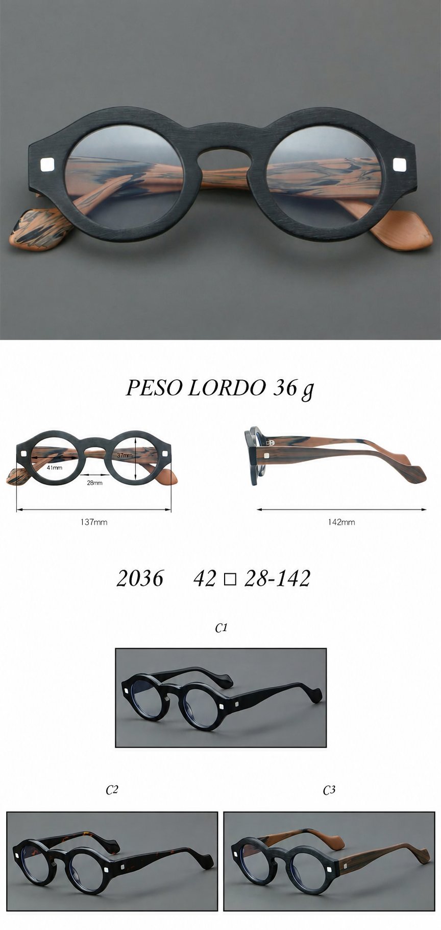 Montatura rotonda sagomata in acetato con angoli rialzati e aste larghe curve — dettaglio 13