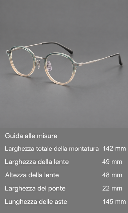 Montatura dalle linee morbide in acetato e titanio con ponte arcuato e aste incise — guida alle misure