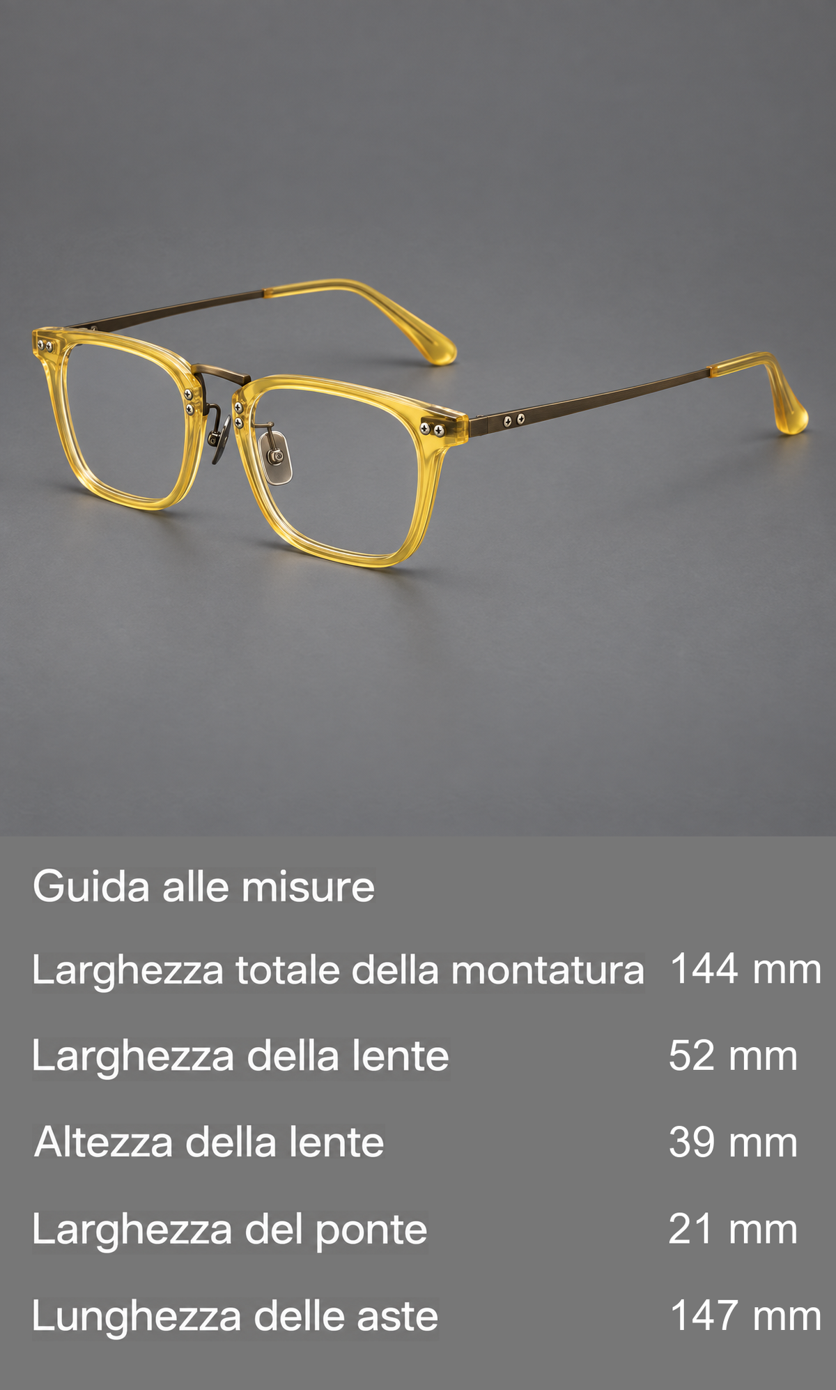 Montatura in acetato e titanio con bordi rettangolari angolari e ponte arcuato — guida alle misure