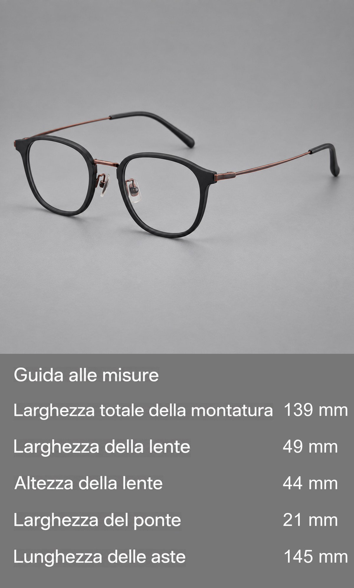 Montatura rétro in acetato e titanio con linee quadrate morbide e aste sottili — guida alle misure