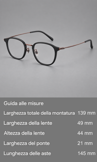 Montatura rétro in acetato e titanio con linee quadrate morbide e aste sottili — guida alle misure
