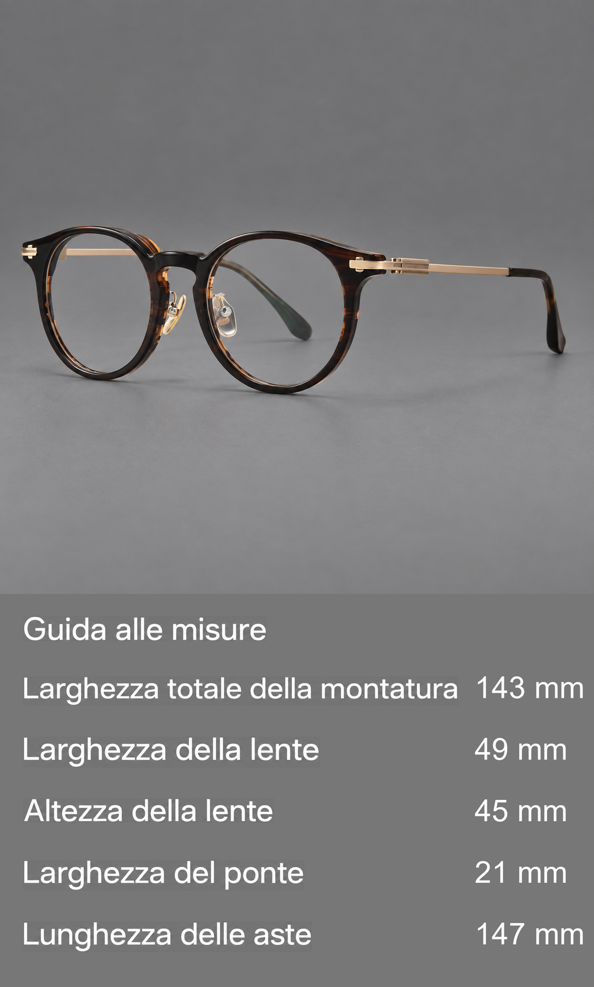 Montatura rétro in acetato e titanio con cerchi rotondi e ponte a chiave marcato — guida alle misure