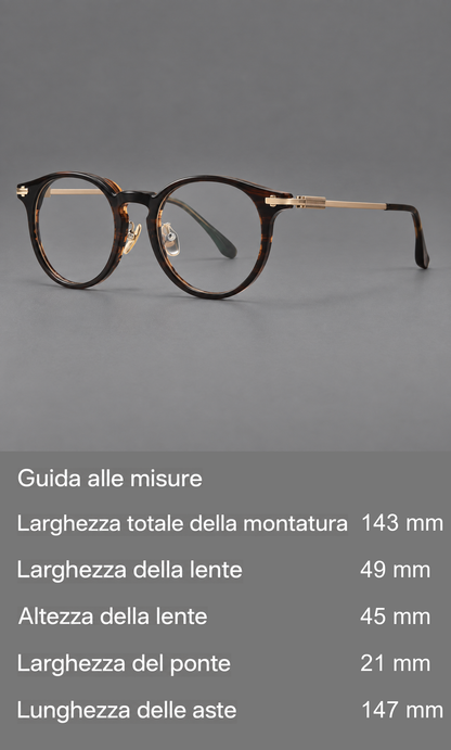 Montatura rétro in acetato e titanio con cerchi rotondi e ponte a chiave marcato — guida alle misure
