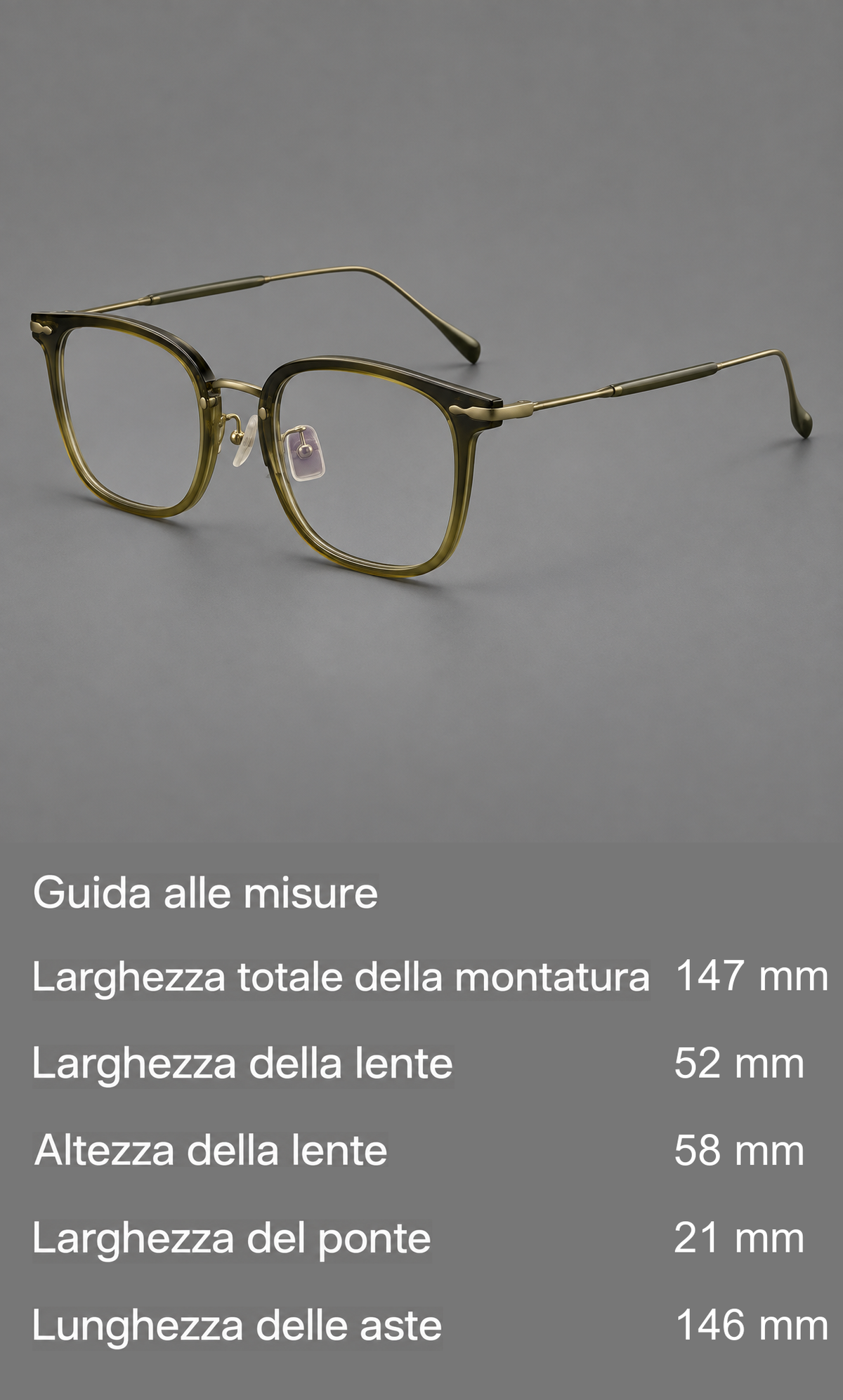 Montatura quadrata rétro in acetato e titanio con bordi arrotondati e angoli sagomati — guida alle misure