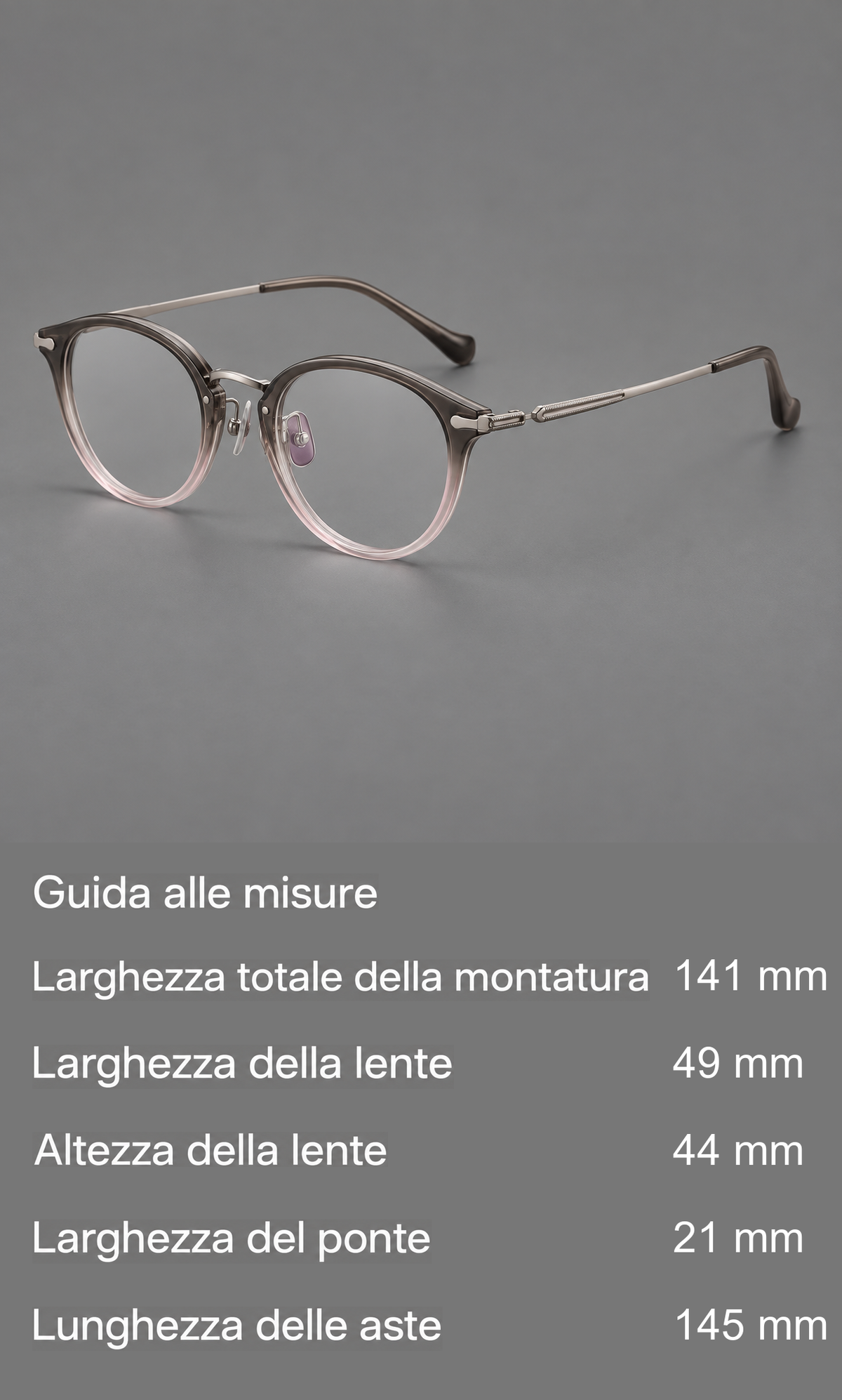 Montatura panto vintage in acetato e titanio con bordo rialzato e aste lavorate — guida alle misure