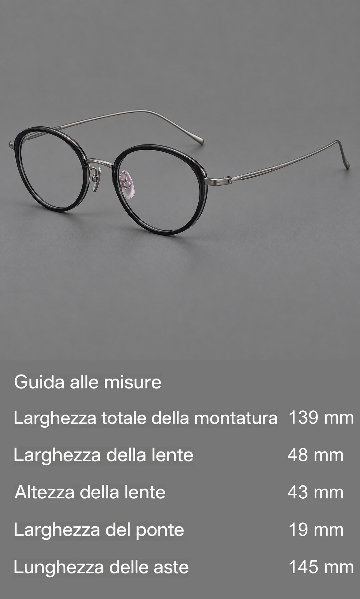 Montatura rotonda in acetato e titanio con ponte arcuato e aste fini in metallo — guida alle misure