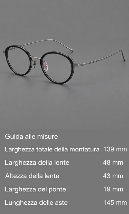 Montatura rotonda in acetato e titanio con ponte arcuato e aste fini in metallo — guida alle misure