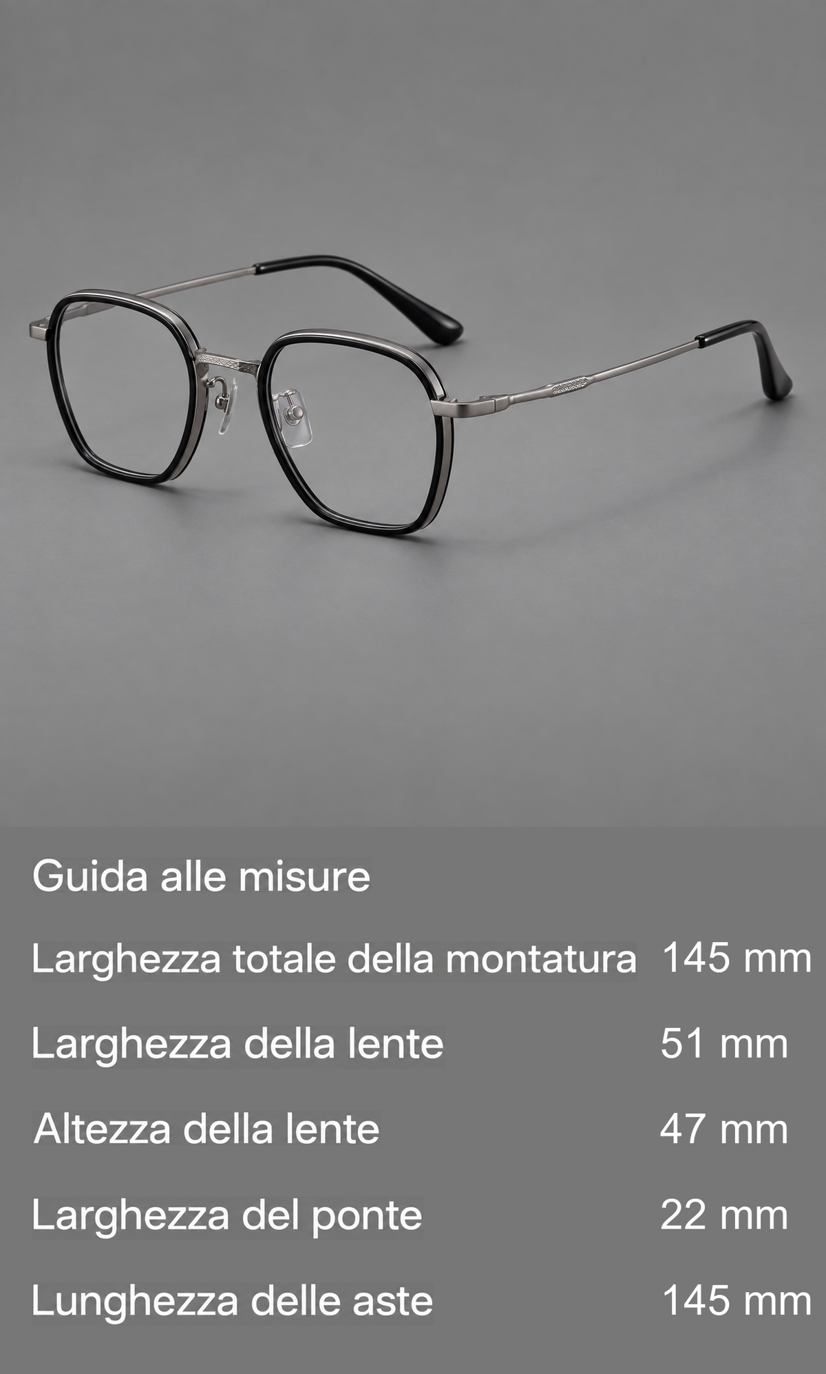 Montatura quadrata in acetato e titanio con bordi sottili e ponte inciso in metallo — guida alle misure