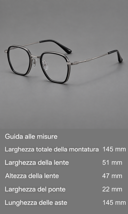 Montatura quadrata in acetato e titanio con bordi sottili e ponte inciso in metallo — guida alle misure