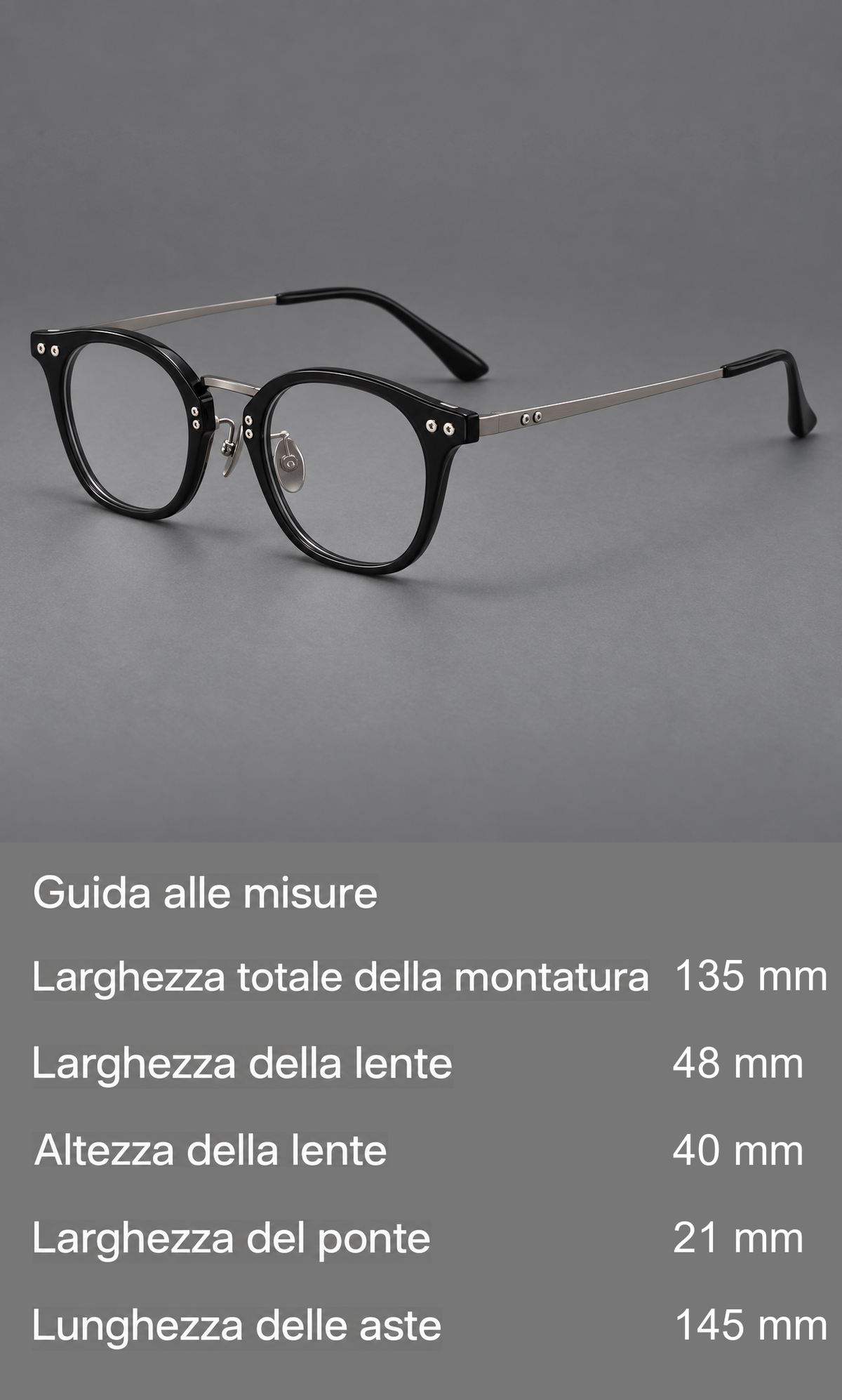 Montatura rétro in acetato e titanio con bordi arrotondati e ponte in metallo — guida alle misure