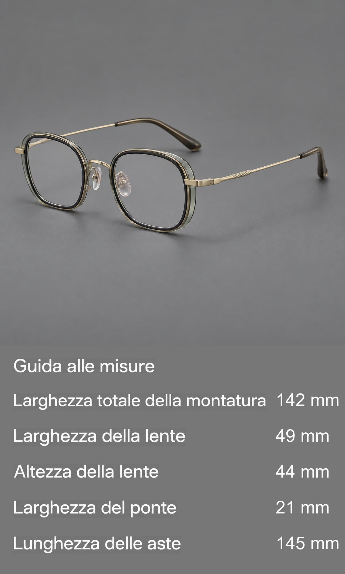 Montatura quadrata arrotondata in acetato e titanio con ponte arcuato e aste incise — guida alle misure