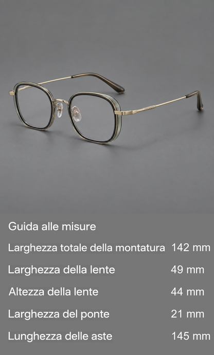 Montatura quadrata arrotondata in acetato e titanio con ponte arcuato e aste incise — guida alle misure
