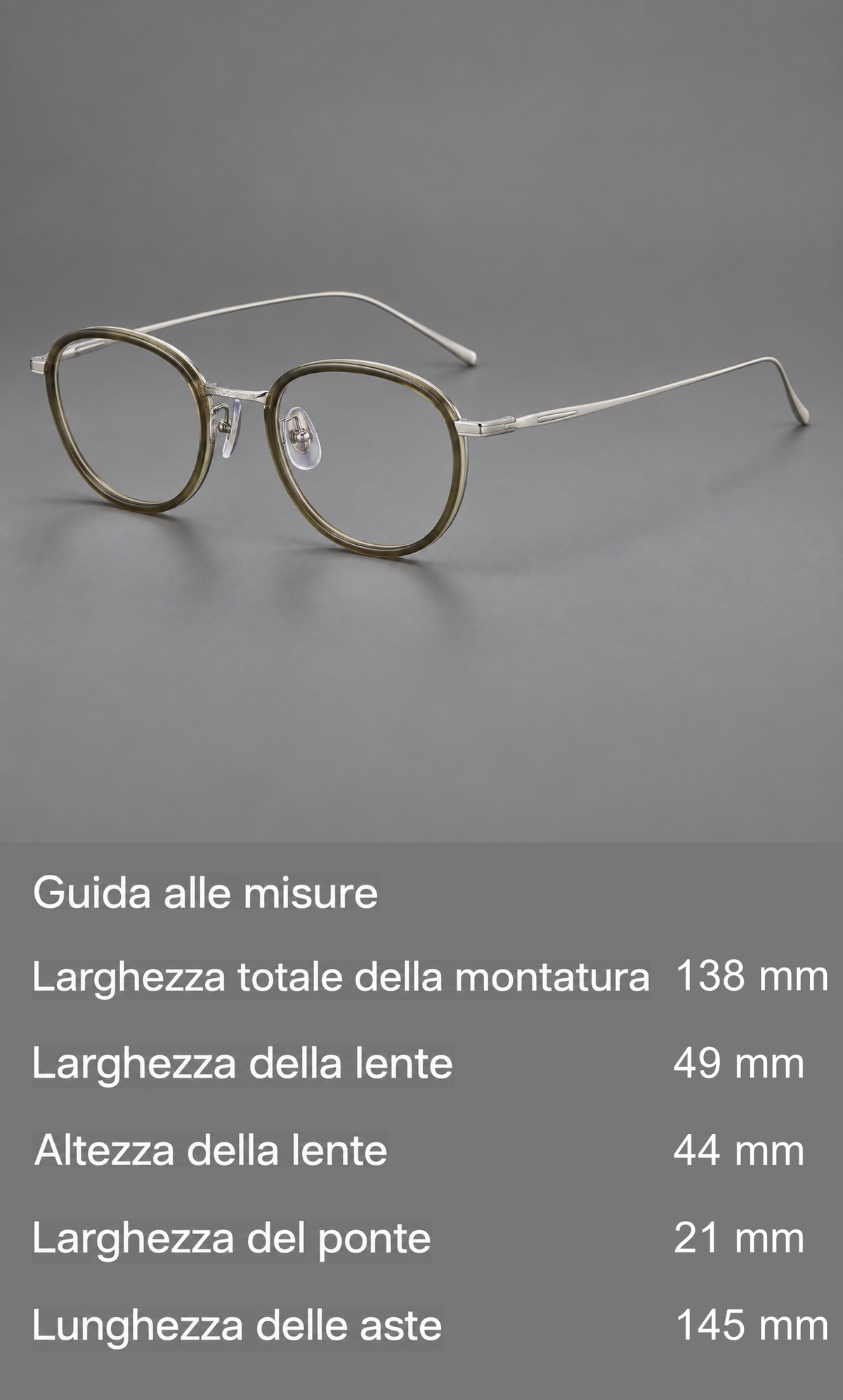 Montatura rotonda vintage in acetato e titanio con ponte inciso e aste sottili — guida alle misure