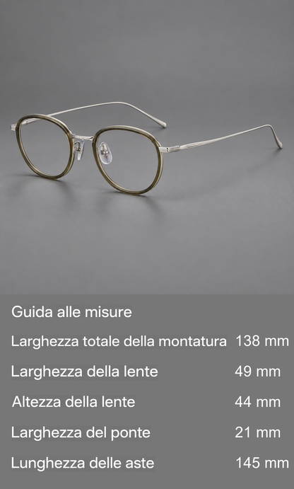 Montatura rotonda vintage in acetato e titanio con ponte inciso e aste sottili — guida alle misure