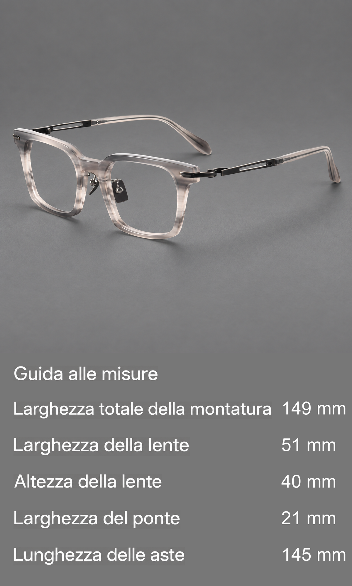 Montatura moderna in acetato e titanio con bordi quadrati angolari e cerniere arcuate — guida alle misure