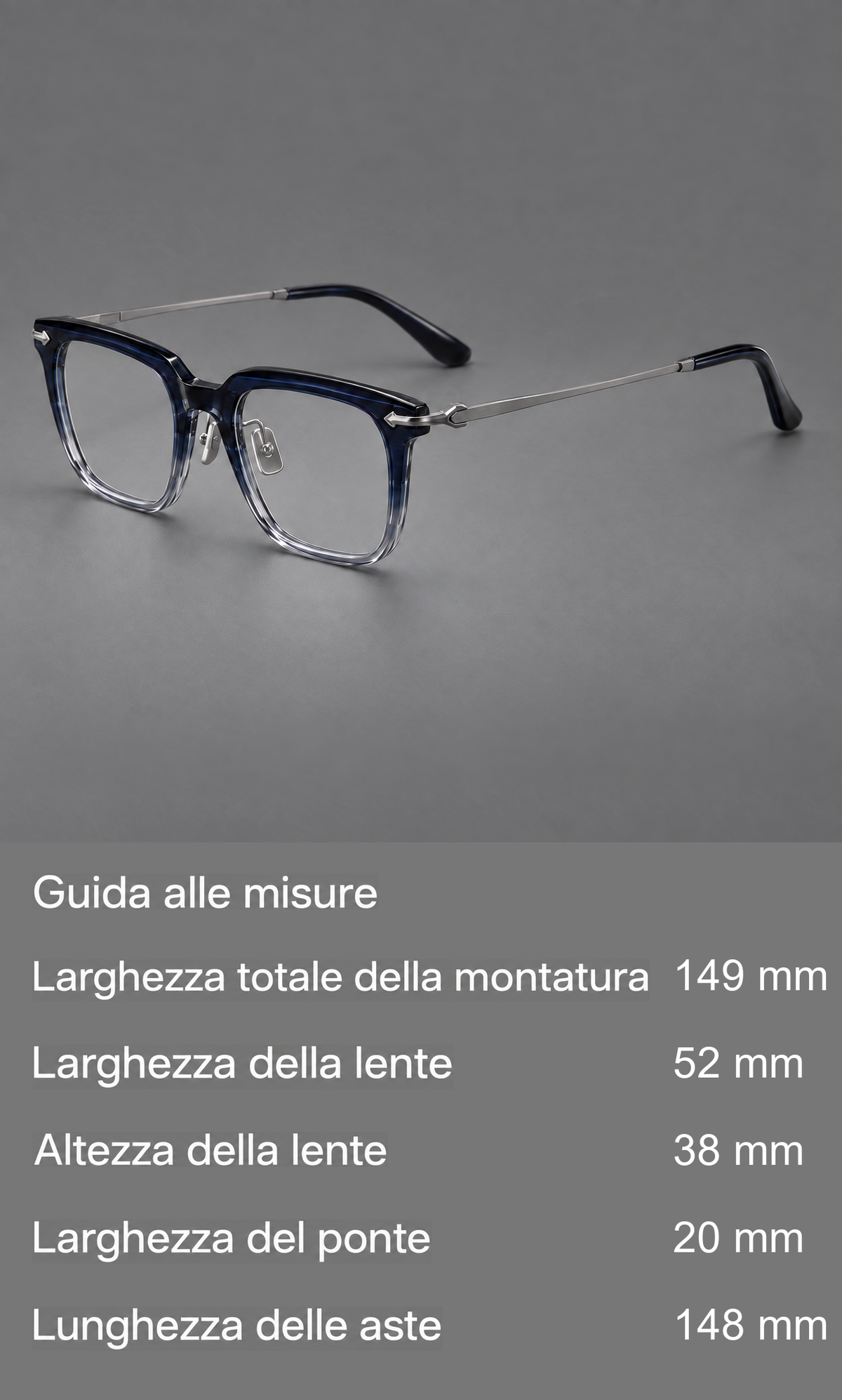 Montatura decisa in acetato e titanio con bordi rettangolari e dettagli a freccia sagomati — guida alle misure