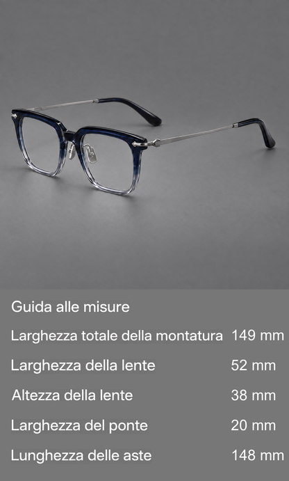 Montatura decisa in acetato e titanio con bordi rettangolari e dettagli a freccia sagomati — guida alle misure