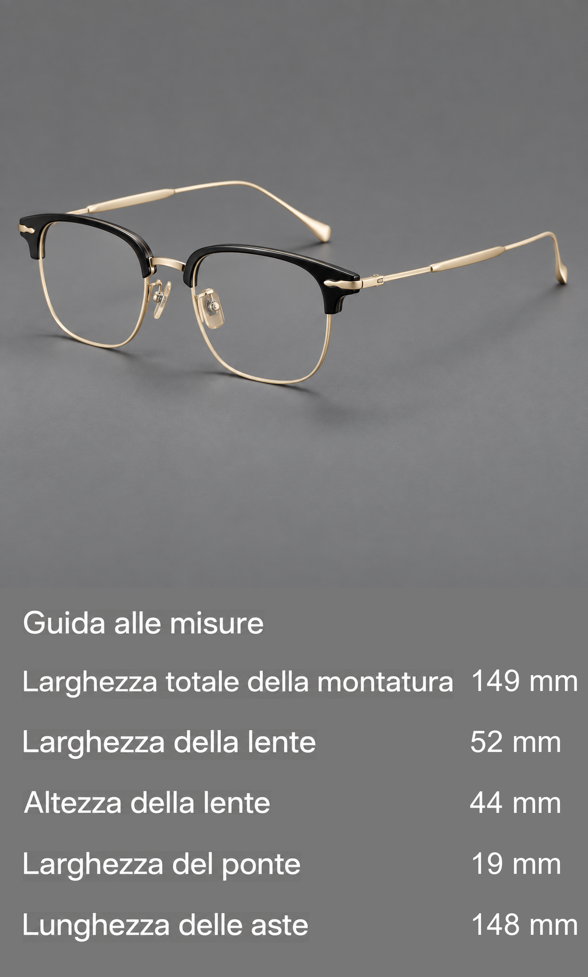 Montatura browline in acetato e titanio con bordi inferiori sottili e angoli decorati — guida alle misure