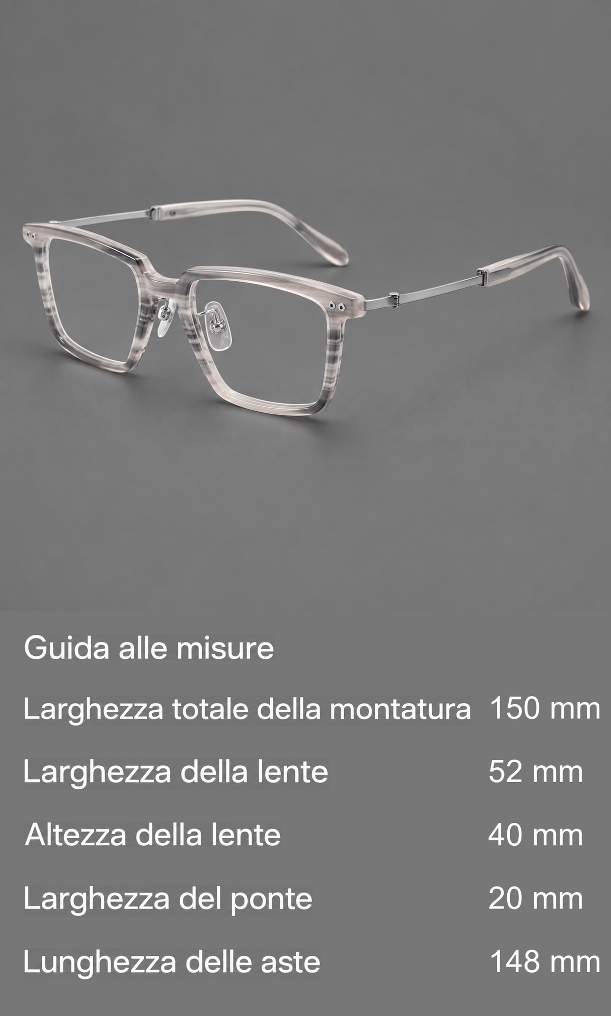 Montatura classica in acetato e titanio con bordo diritto e forme rettangolari arrotondate — guida alle misure