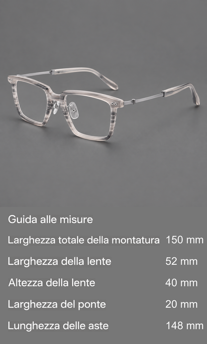 Montatura classica in acetato e titanio con bordo diritto e forme rettangolari arrotondate — guida alle misure