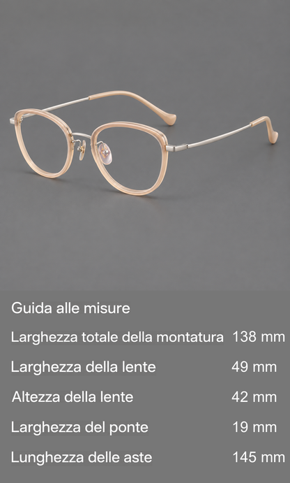 Montatura in acetato e titanio con angoli rialzati e aste in metallo affusolate — guida alle misure