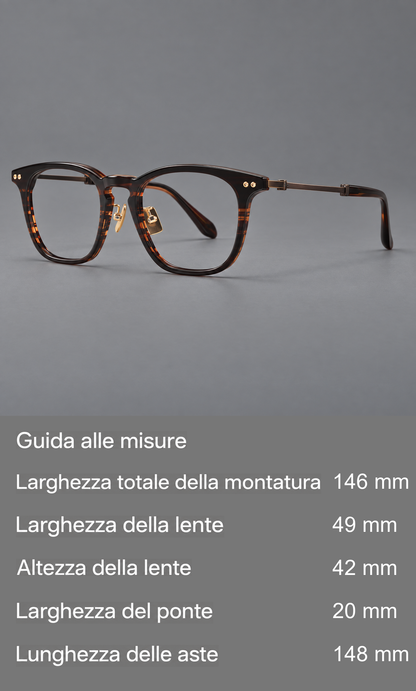 Montatura rétro in acetato e titanio con linee quadrate morbide e cerniere circolari — guida alle misure