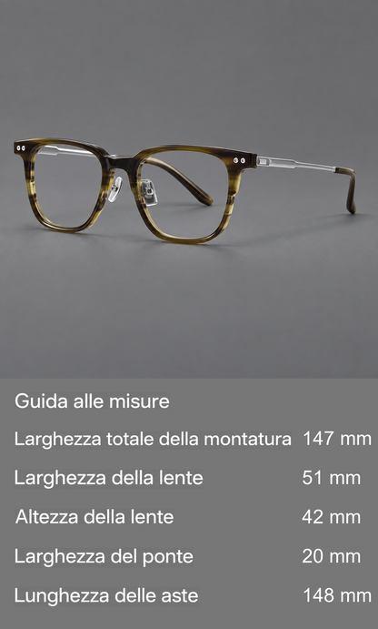 Montatura classica in acetato e titanio con bordo squadrato e rivetti doppi agli angoli — guida alle misure