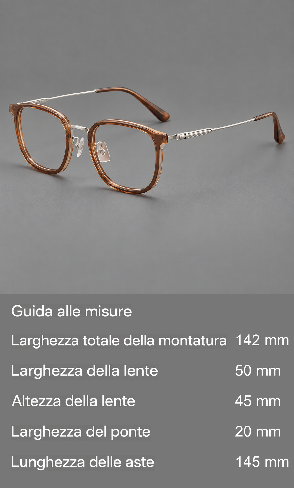 Montatura quadrata in acetato e titanio con angoli ampi e aste fini in metallo — guida alle misure
