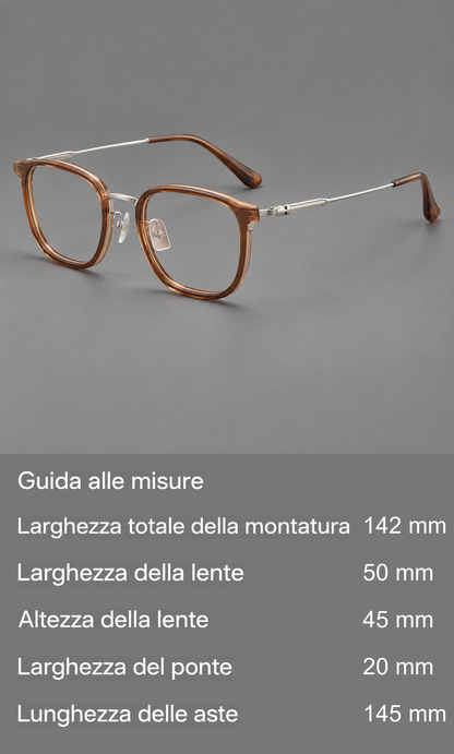 Montatura quadrata in acetato e titanio con angoli ampi e aste fini in metallo — guida alle misure