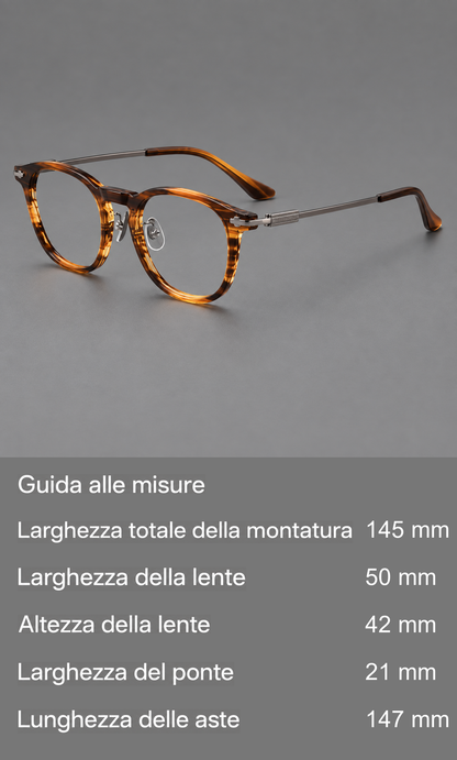 Montatura rétro in acetato e titanio con linee quadrate morbide e angoli in metallo — guida alle misure