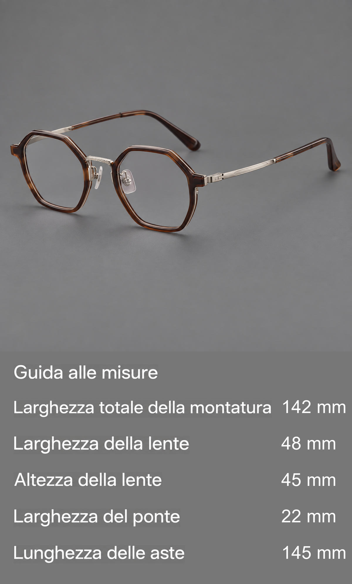 Montatura geometrica in acetato e titanio con bordi ottagonali e ponte lavorato — guida alle misure