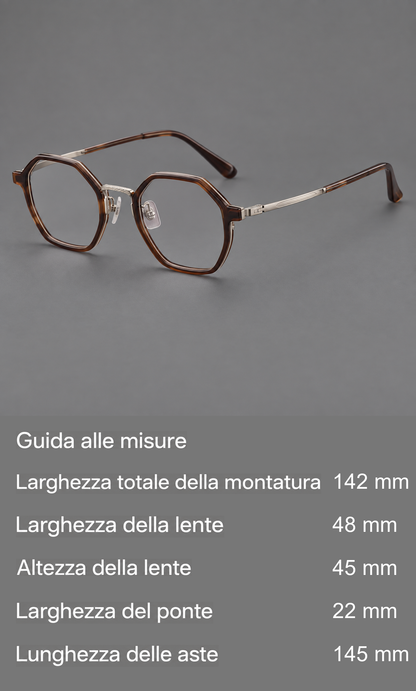 Montatura geometrica in acetato e titanio con bordi ottagonali e ponte lavorato — guida alle misure