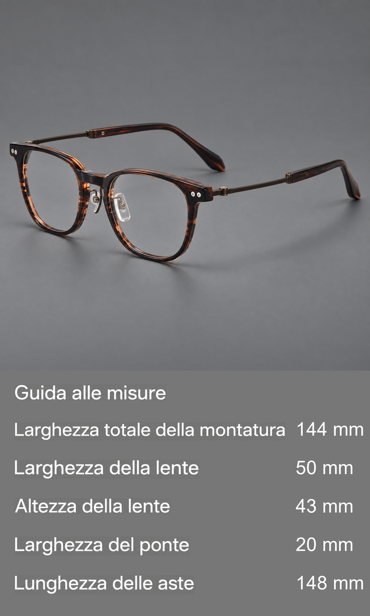 Montatura vintage in acetato e titanio con linee quadrate morbide e rivetti doppi — guida alle misure