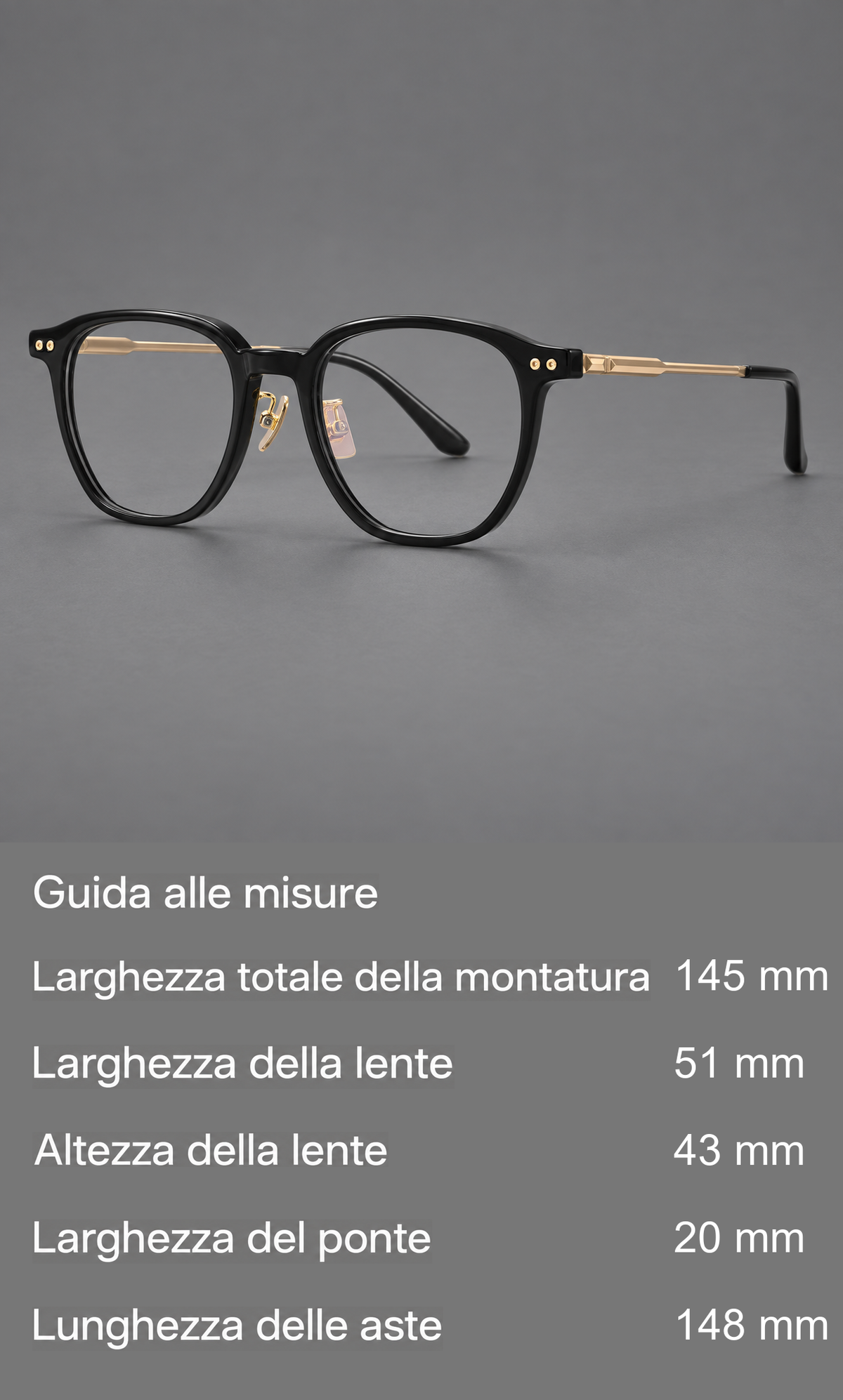 Montatura vintage in acetato e titanio con bordi quadrati arrotondati e aste traforate — guida alle misure