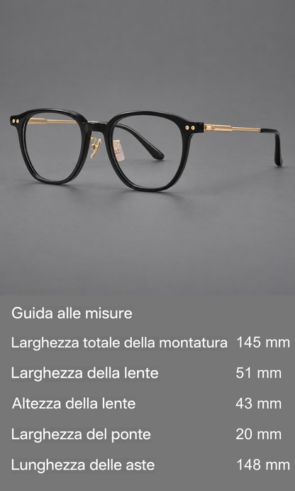 Montatura vintage in acetato e titanio con bordi quadrati arrotondati e aste traforate — guida alle misure